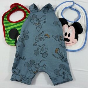 Disney Baby Mickey & Pluto Baby Boy’s 0/3M Shortalls w/2 Bonus Mickey Bibs